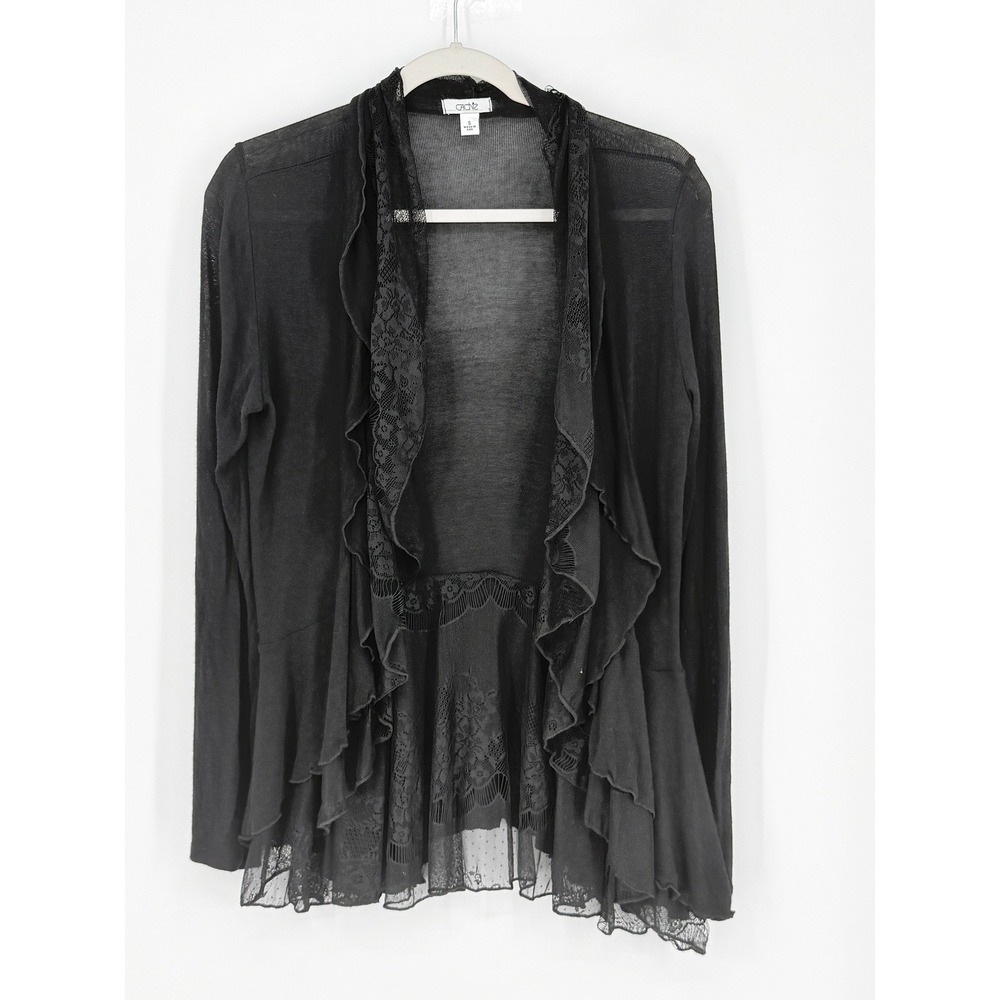 Cache Vintage Y2k Whimsigoth Black Sheer Lace Open Front Ruffles Cardigan Sz S
